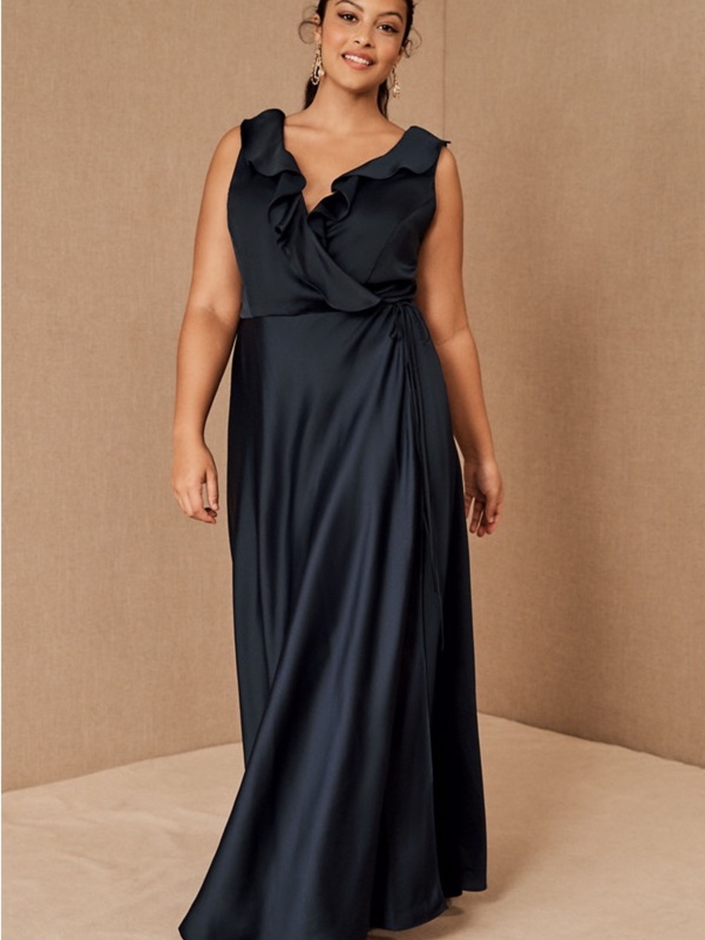 BHLDN Elegant Navy Wrap Maxi Dress with Ruffle V-Neck